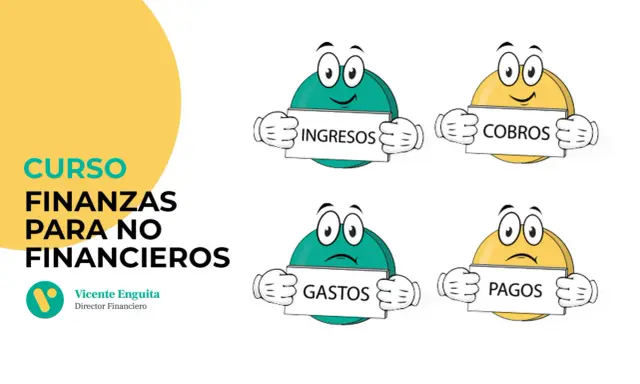 Curso de finanzas para no financieros. Personajes animados sostienen carteles: "Ingresos", "Cobros", "Gastos" y "Pagos".
