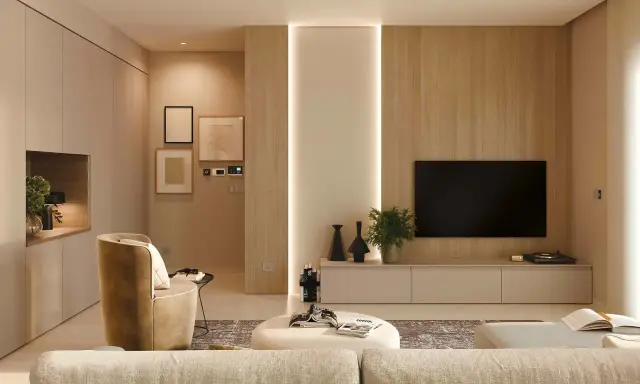 Soggiorno moderno con divano, poltrona e mobili minimalisti. Ottime arredare casa idee per uno spazio accogliente e di design.