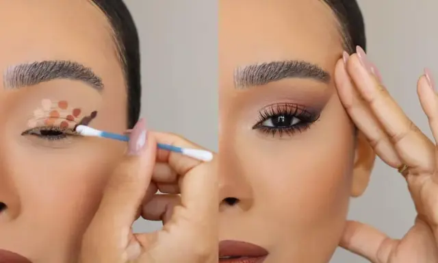 Tutorial: ombretto come metterlo. Un occhio con base e puntini marroni, l'altro con trucco sfumato e ciglia finte.