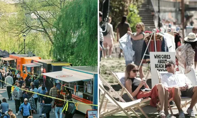 Folkmyller vid Mariatorget loppis med matvagnar och klädhyllor. Soliga dagar lockar många besökare.