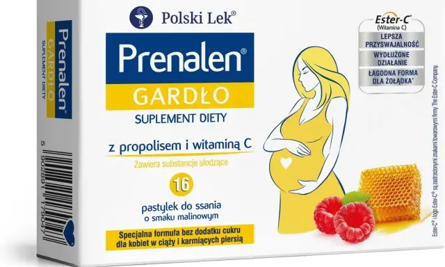 Prenalen Gardło - suplement diety z propolisem i witaminą C dla kobiet w ciąży. Pomaga złagodzić ból gardła, łagodna forma dla żołądka.