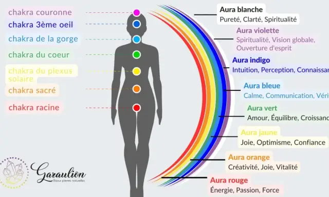 Diagramme des chakras et des couleurs de l'aura, de la couronne à la racine, avec leurs significations.