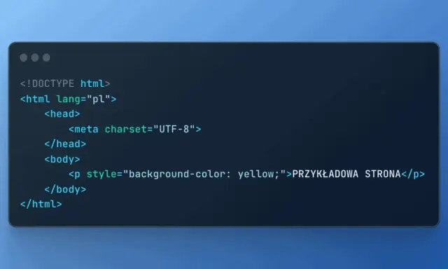 Kod HTML strony z tekstem "PRZYKŁADOWA STRONA" w duża czcionka na żółtym tle.