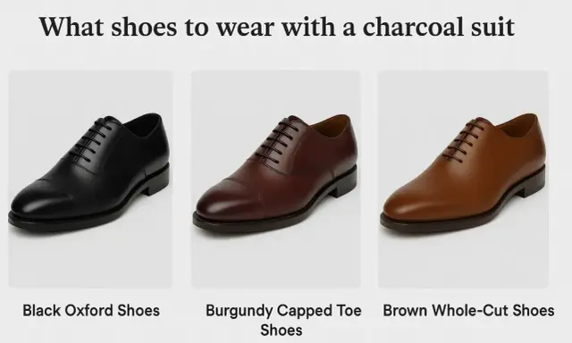 Three pairs of dress shoes: black oxfords, burgundy capped toes, and brown whole-cuts, perfect for a charcoal suit.
