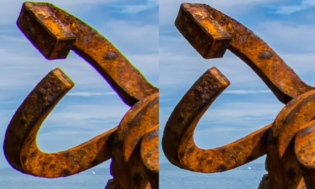 Comparación de imagen: a la izquierda, se aprecia la aberración cromática con bordes verdes y morados en la escultura de metal oxidado; a la derecha, la imagen corregida.
