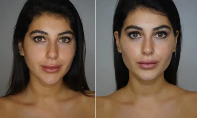 Split image showing a woman's face before and after makeup application.