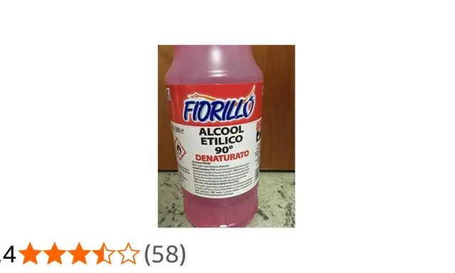 Flacone di alcool etilico denaturato 90° Fiorillo, con avvertenze di pericolo e istruzioni in caso di contatto con la pelle.