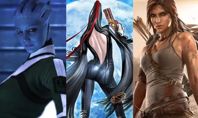 Trzy ikoniczne postacie z gier: niebieskoskóra Liara T'Soni, seksowna Bayonetta i dzielna Lara Croft.