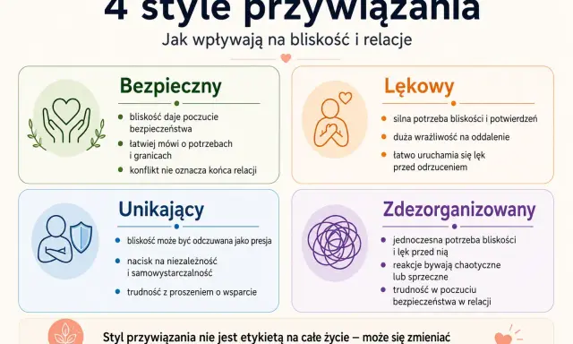 4 style przywiązania: bezpieczny, lękowy, unikający, zdezorganizowany. Każdy z nich wpływa na bliskość i relacje, a unikowy styl przywiązania może być trudny.