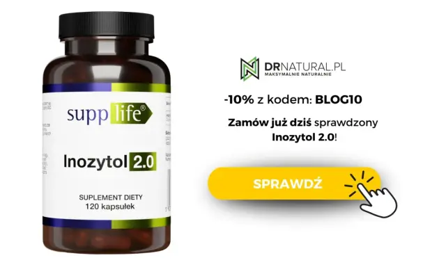 Butelka suplementu diety Inozytol 2.0 od Supplife z napisem "Sprawdź" i ikoną kliknięcia.