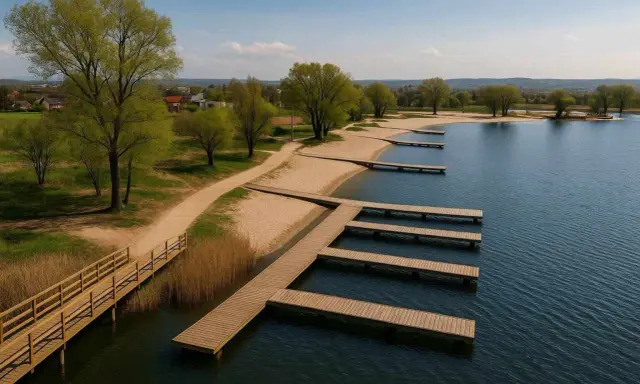 Drewniane pomosty w kształcie litery L i proste, prowadzące do wody, na piaszczystej plaży. W tle zielone drzewa i zabudowania. Idealne miejsce na wypoczynek nad wodą, jak na przylasku ruskim.