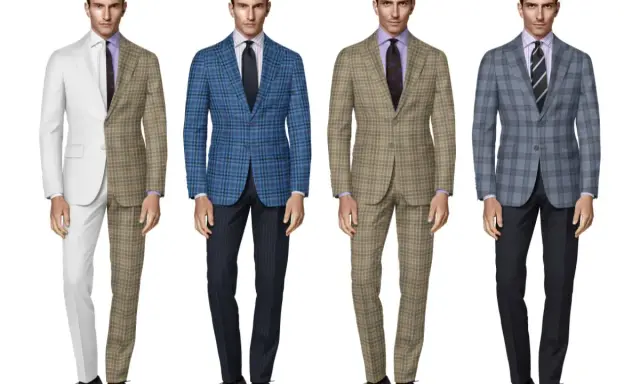Four men model different suit combinations. One suit features dark green plaid, another is blue plaid, and a third is a tan plaid.