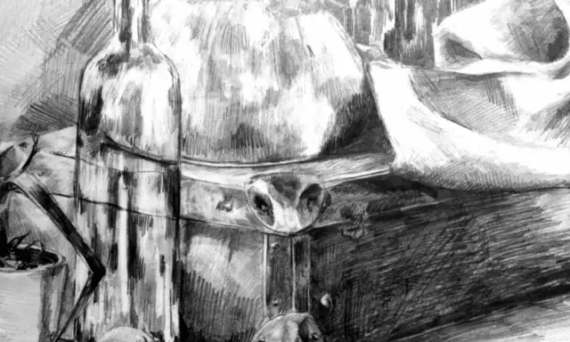 Szkic martwej natury: butelka, doniczka z rośliną, skrzynia i draperie. Jak namalować książkę? Może inspiracją będzie ta kompozycja.