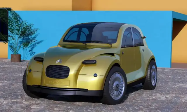 Un Citroën 2CV 2026 futurista, color dorado, con techo panorámico, frente a una pared azul y amarilla.