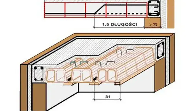 Schemat stropu Ackerman z belkami prefabrykowanymi i zbrojeniem.