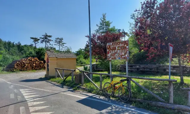Bicicletta gialla appoggiata alla staccionata al Passo dei Carpinelli, con un cartello che indica l'altitudine e un piccolo edificio.