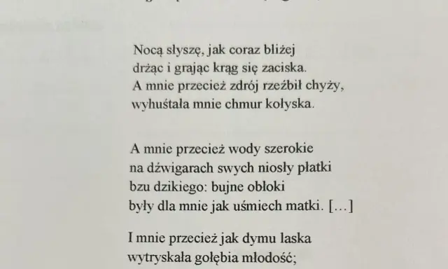 Fragment wiersza "Z głową na karabinie" z widocznym tekstem.