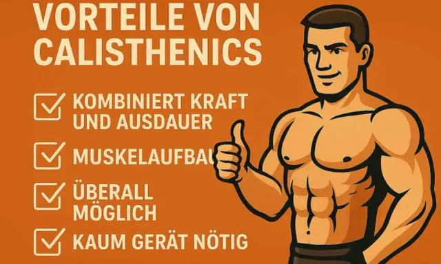 Vorteile von Calisthenics: Muskelaufbau, Kraft & Ausdauer, überall möglich, kaum Gerät nötig. Ein muskulöser Mann gibt Daumen hoch.