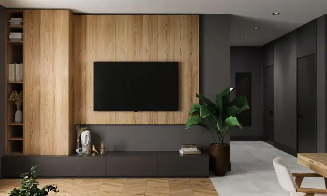 Nowoczesna ściana za telewizorem z drewnianymi panelami i minimalistyczną szafką.