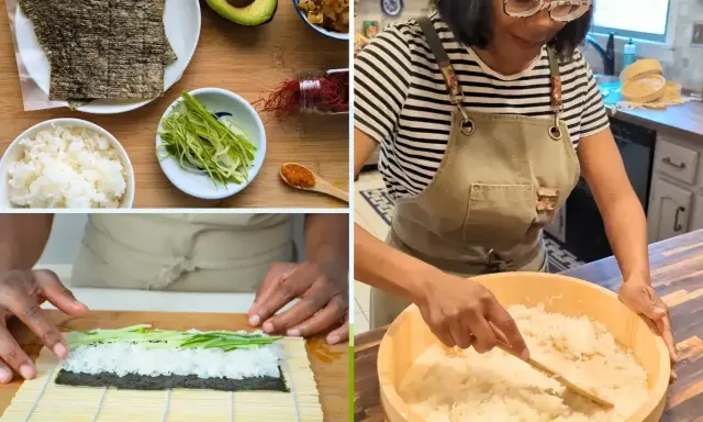 Przygotowanie ryżu do sushi: składniki, zwijanie rolki i mieszanie ryżu w drewnianej kadzi.
