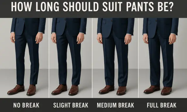 Four men's suits show how long should dress pants be, from no break to full break, illustrating pant hem length.