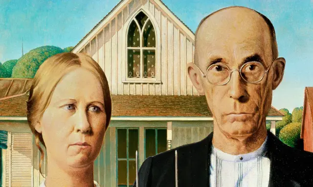 A farmer and his wife stand stoically before their farmhouse, a classic American Gothic painting.