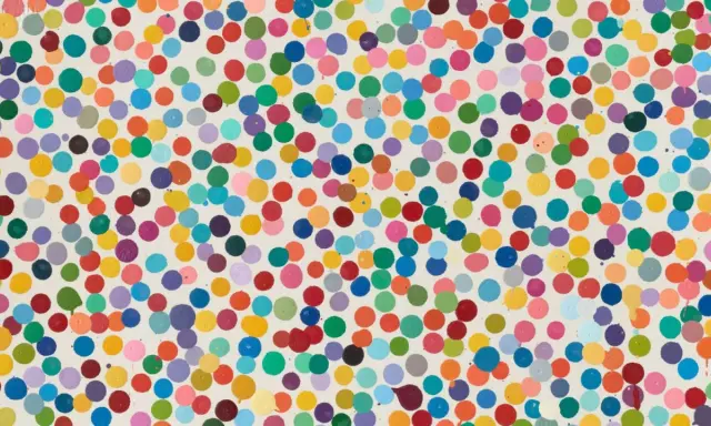 A vibrant canvas filled with colorful dots, a signature of Damien Hirst's "The Currency" series.