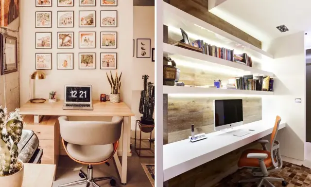 Deux bureaux modernes pour une **idée déco bureau travail** : l'un avec des photos encadrées et une plante, l'autre avec des étagères lumineuses et un ordinateur.