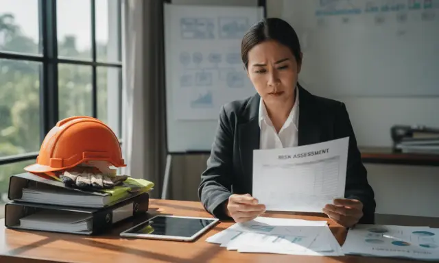 Une femme examine un questionnaire "Risk Assessment", peut-être pour un questionnaire risque pro AMELI. Casque de chantier et gants à proximité.
