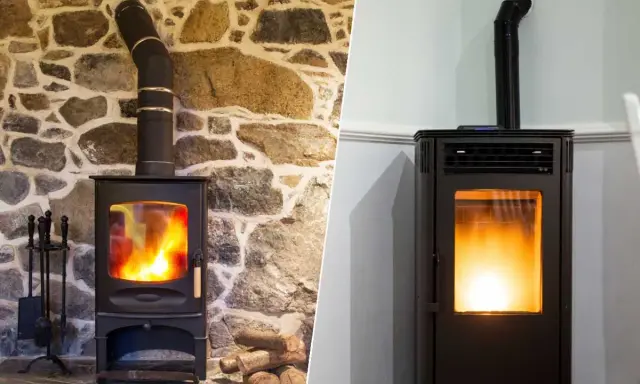 Comparaison de deux poêles : un poêle à bois traditionnel sur fond de pierre et un poêle à granulés moderne. Idéal pour installer un poêle à pellet.