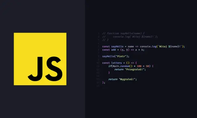 Logo JS obok kodu w JavaScript, który zawiera funkcję loterii. `js defer` w kodzie pozwala na asynchroniczne ładowanie skryptów.