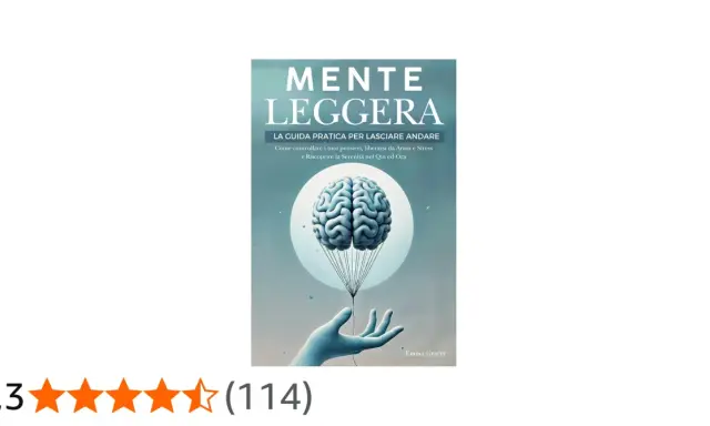 Copertina del libro "Mente Leggera", con un cervello che fluttua come una mongolfiera tenuta da una mano. Perfetto tra i libri rilassanti da leggere per trovare serenità.