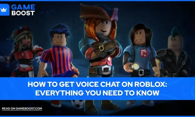 Pięciu graczy Roblox w różnych strojach, gotowych do rozmowy przez voice chat.