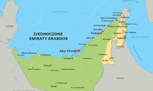 Mapa Zjednoczonych Emiratów Arabskich z zaznaczonymi miastami jak Dubaj, Abu Zabi, Szardża i Al Ain.