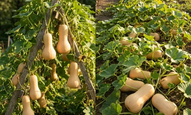 Butternuts grimpent sur un treillage et s'étalent au sol. Idéal pour savoir où planter le butternut dans le potager pour une récolte abondante.