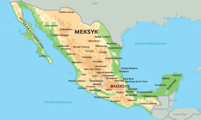 Mapa polityczna Meksyku, pokazująca jego położenie między Zatoką Kalifornijską, Zatoką Meksykańską i Oceanem Spokojnym.
