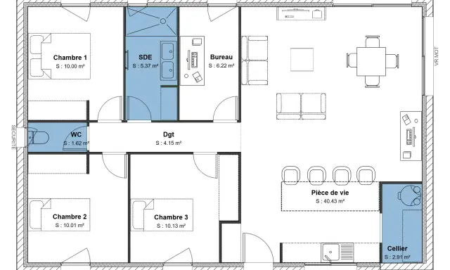 Plan d'une maison 90m2 avec 3 chambres, un bureau, une pièce de vie spacieuse, SDE, WC et cellier.