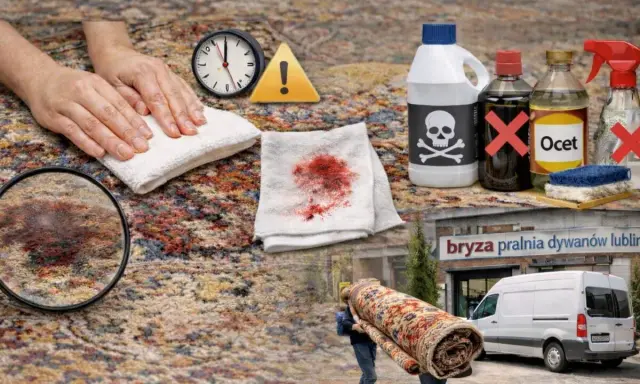 Pranie dywanu płynem do naczyń, gdy plama jest świeża. Obok środki czyszczące, zegar i ostrzeżenie. W tle pralnia dywanów.