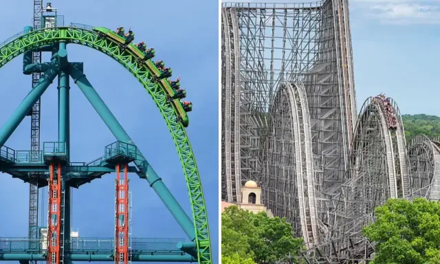 Zielona kolejka górska Kingda Ka i drewniana konstrukcja innej kolejki.