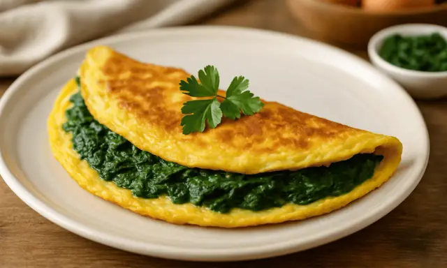 Złocisty omlet ze szpinakiem, udekorowany natką pietruszki, czeka na talerzu.