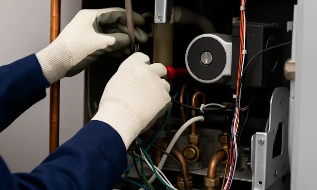 Técnico revisa el funcionamiento de una caldera, manipulando cables y tuberías de cobre.