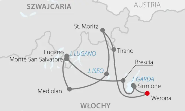 Mapa pokazuje trasę podróży przez Szwajcarię i Włochy, gdzie są Alpy. Odwiedzane miejsca to m.in. Lugano, St. Moritz, Mediolan, Werona i jeziora Garda, Iseo, Lugano.