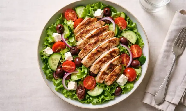 En fräsch sallad med grillat kyckling innanlår, tomater, gurka, oliver och fetaost.