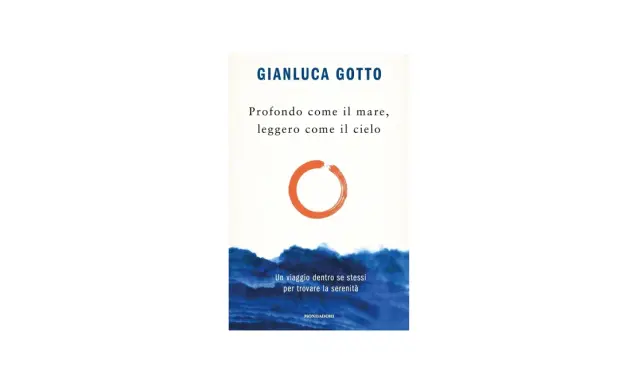 Copertina libro "Profondo come il mare, leggero come il cielo" di Gianluca Gotto. Un cerchio arancione su sfondo chiaro, con onde blu in basso.
