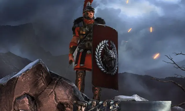 Rzymski legionista z tarczą w kształcie wilka, gotowy do walki w **Total War Arena**. Na niebie płoną pochodnie.