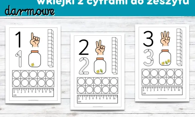 Darmowe cyfry do druku: 1, 2, 3 z podpowiedziami do pisania, słoikami i liczydłami. Idealne do nauki liczenia.