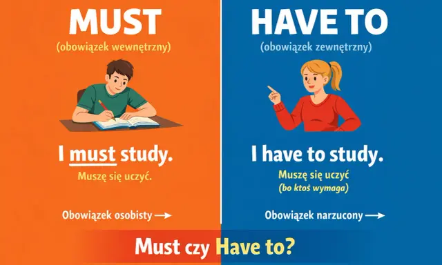 Chłopiec uczy się z własnej woli (must), dziewczynka uczy się, bo ktoś tego wymaga (have to).