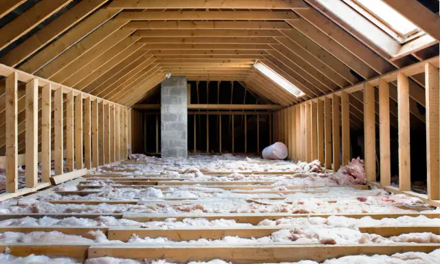 Aménagement de combles : pose de l'isolation thermique sur les solives en bois. Un rouleau d'isolant est visible.