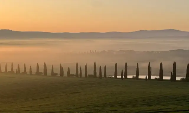 Alba nebbiosa in Toscana Val d'Orcia, con filari di cipressi che costeggiano una strada, colline sfumate e un cielo aranciato.