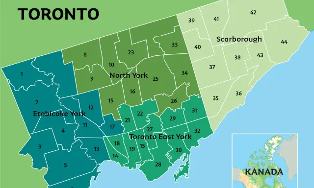 Kolorowa mapa Toronto podzielona na dzielnice, z zaznaczonymi obszarami Etobicoke York, North York, Scarborough i Toronto East York. W rogu mapa Kanady z zaznaczonym Toronto.